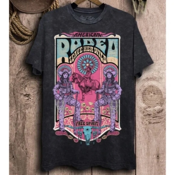 Tops - Vintage Black Mineral Wash Leave Her Wild Rodeo Western Oversized Graphic Tee